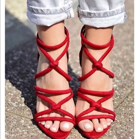 NWT Zara Red Knotted  Faux Suede High Heel Sandals - Picture 6 of 6